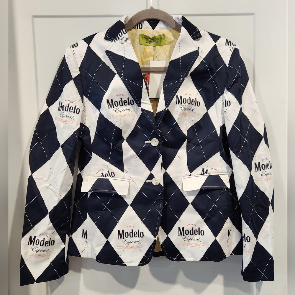 New Loudmouth Ladies Rare Modelo Beer Blazer Jacket Sz 4 Sportcoat Golf Argyle